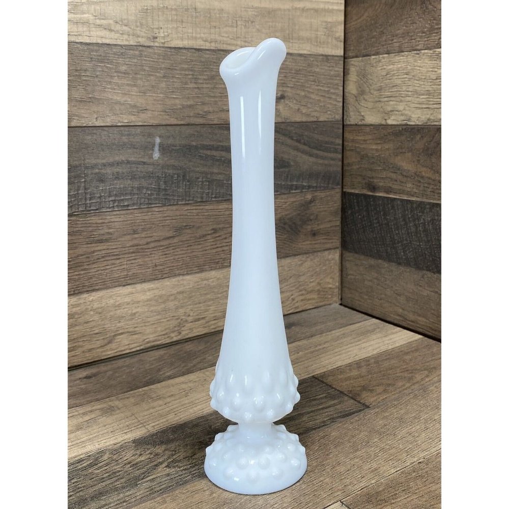 Vintage Fenton White Milk Glass Hobnail Swung Vase 10"